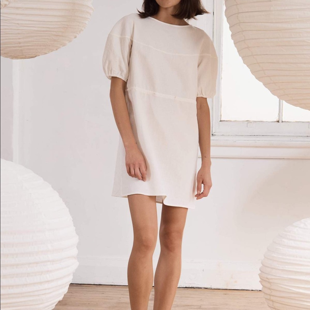 ST. AGNI Linen Mini Dress Short Sleeve Drawstring